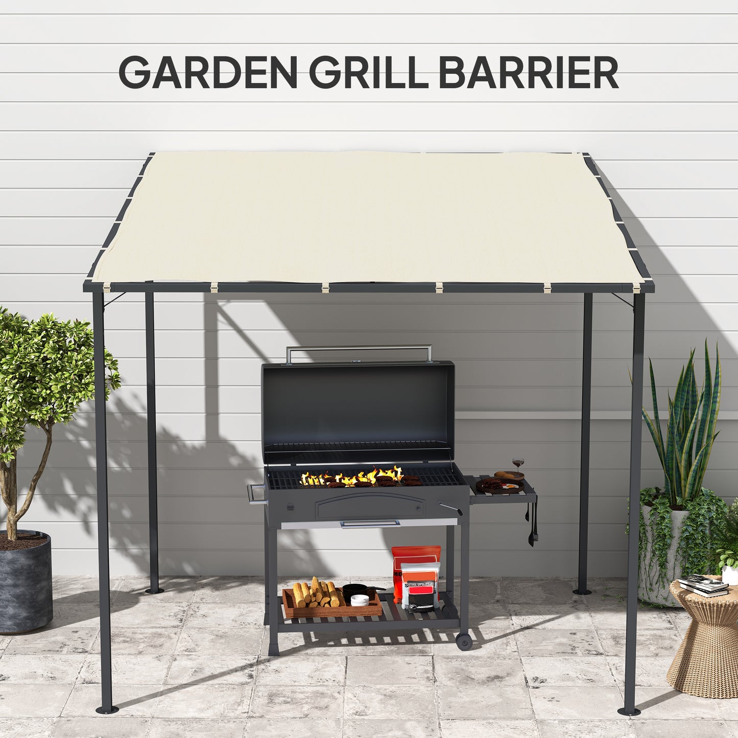 Outsunny 2,4 x 2,4 m Pergola ścienna z powłoką PA i metalową ramą, UPF30+, altana ogrodowa, wiatroodporna zewnętrzna osłona przeciwsłoneczna do ogrodu, tarasu, kremowo-biała