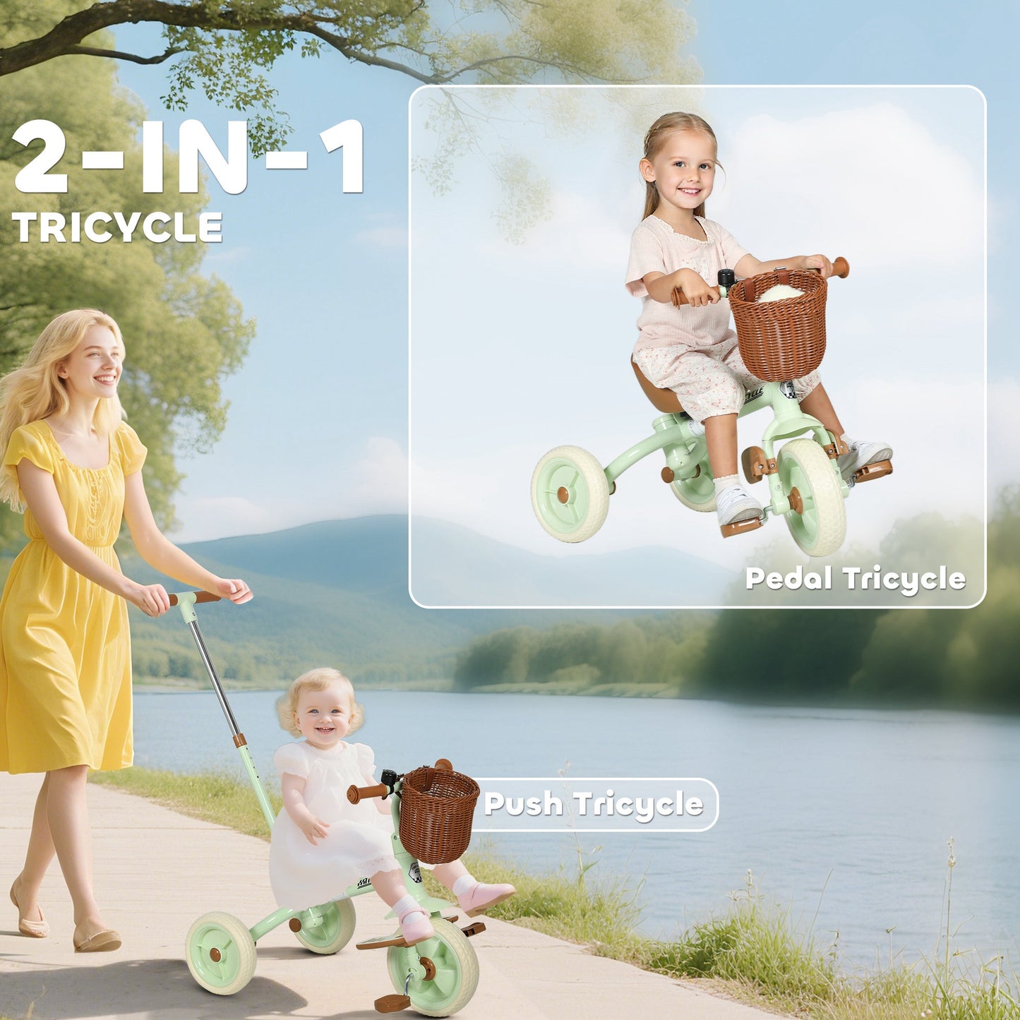 AIYAPLAY 2-In-1 Toddler Trike for 2-5 Years Old, 3 Wheel Bike with Adjustable Parent Handle, Basket for Boys and Girls, Green