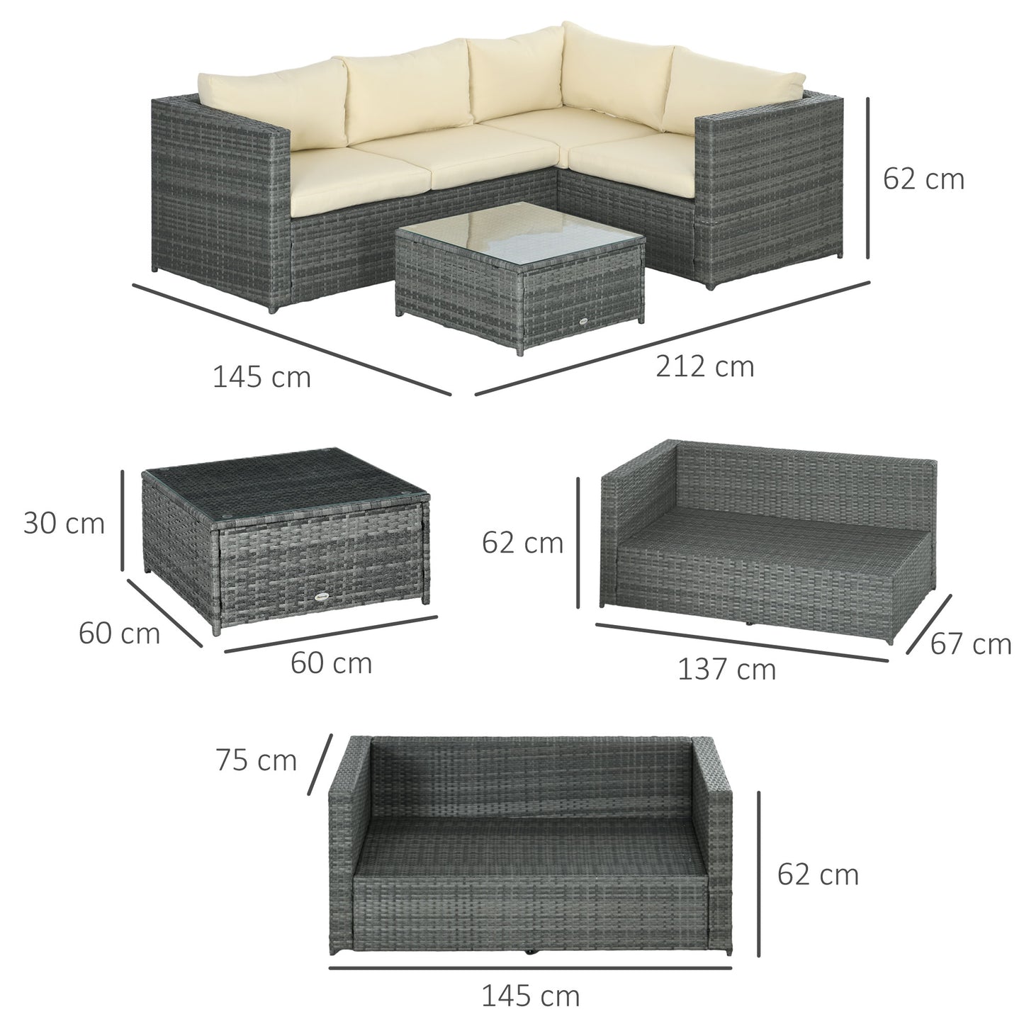 Zestaw mebli ogrodowych Outsunny z rattanu PE, 3 elementy, z poduszkami o grubości 10 cm, 4-osobowy zestaw narożny z szklanym stolikiem kawowym, meble ogrodowe na patio, werandę, beżowy