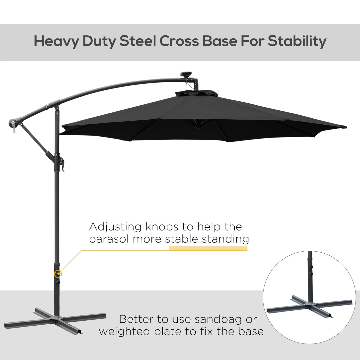 Outsunny 3m LED Patio Banana Parasol z wysięgnikiem i korbką, wiszący, rama parasola, stalowy aluminiowy stolik ogrodowy, czarny