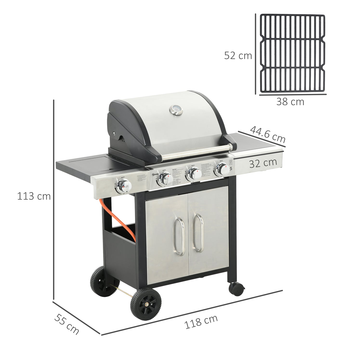 Grill gazowy Outsunny 3+1 palnik, wędzarnia ogrodowa, wózek do grillowania z bocznym palnikiem, półka grzewcza, boczne półki, szafka do przechowywania, termometr z zapłonem piezoelektrycznym, stal nierdzewna + metal