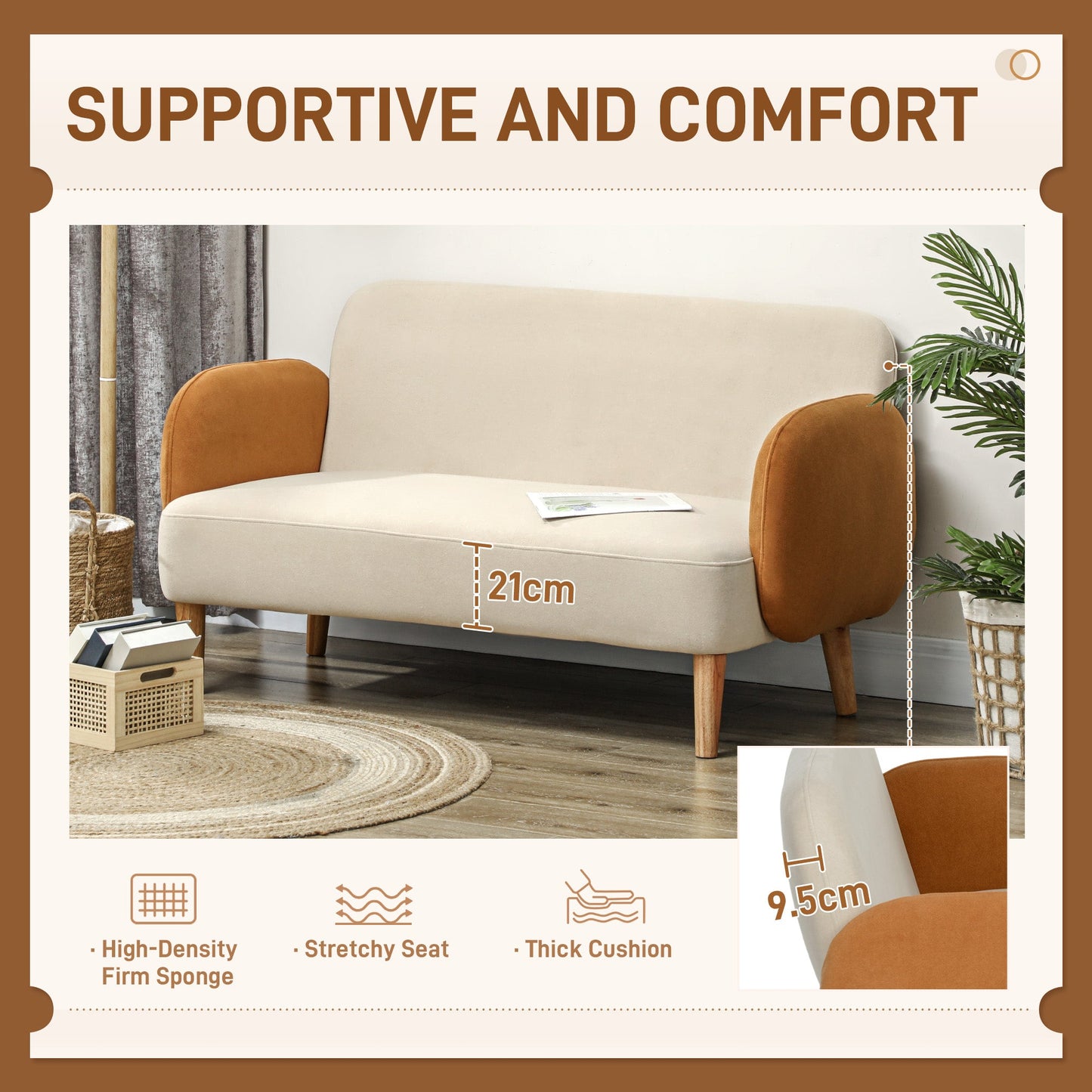 Dwuosobowa sofa HOMCOM w stylu mid-century z aksamitu – kremowo-pomarańczowa
