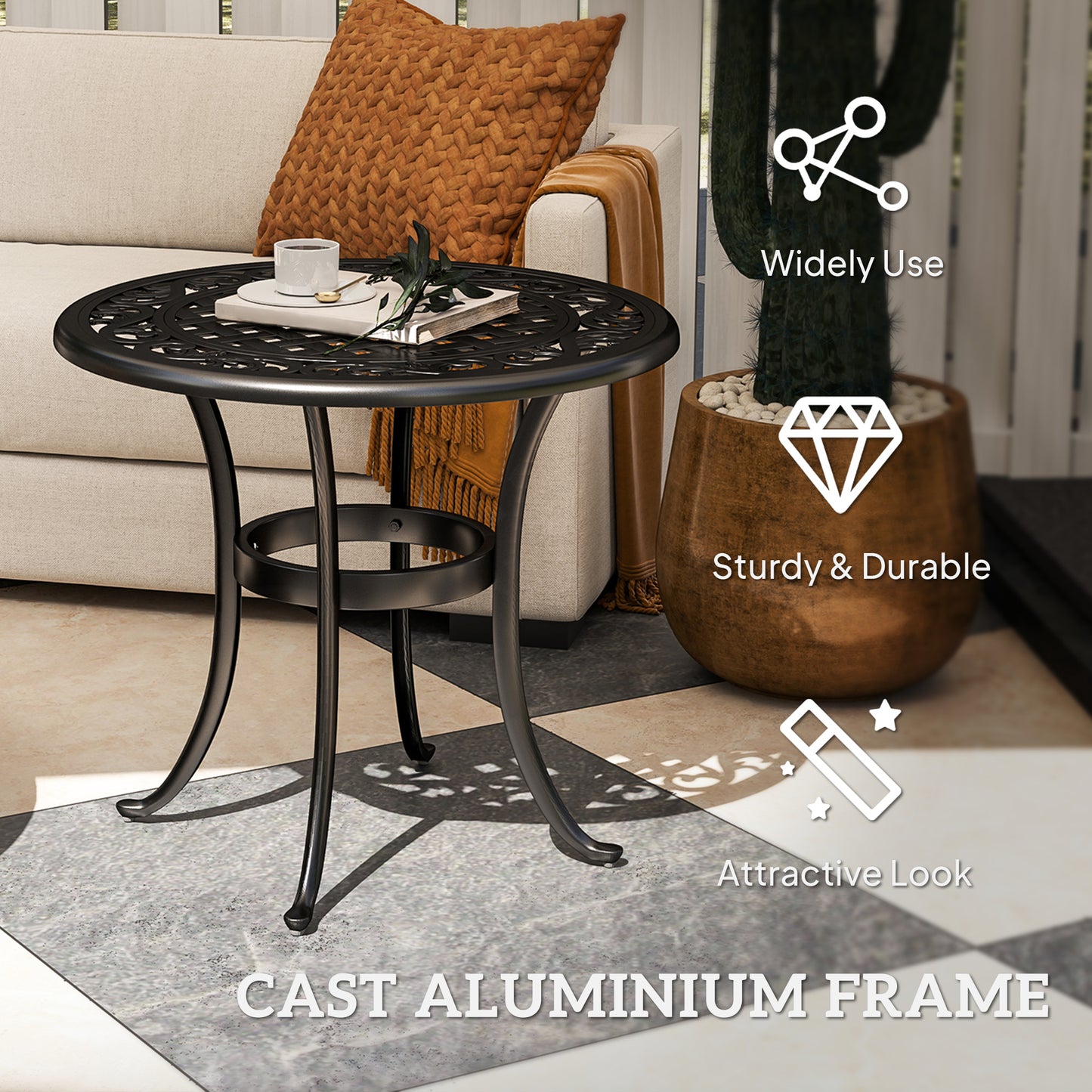 Outsunny 60cm okrągły stół ogrodowy, zewnętrzny pusty blat, stolik boczny z odlewaną aluminiową ramą na patio, do ogrodu, na balkon, czarny