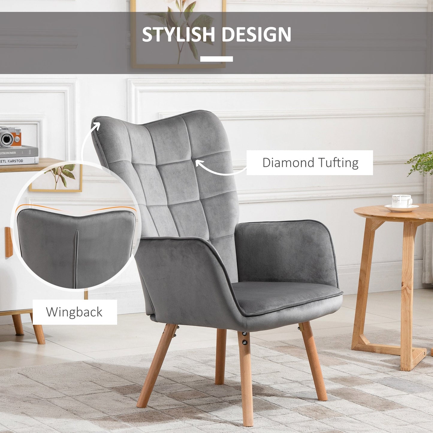 HOMCOM Modern Accent Chair, Upholstered Tufted Wingback Armchair with Seat Padding, Velvet Leisure Lounge Bedroom Chair with Wood Legs, Grey