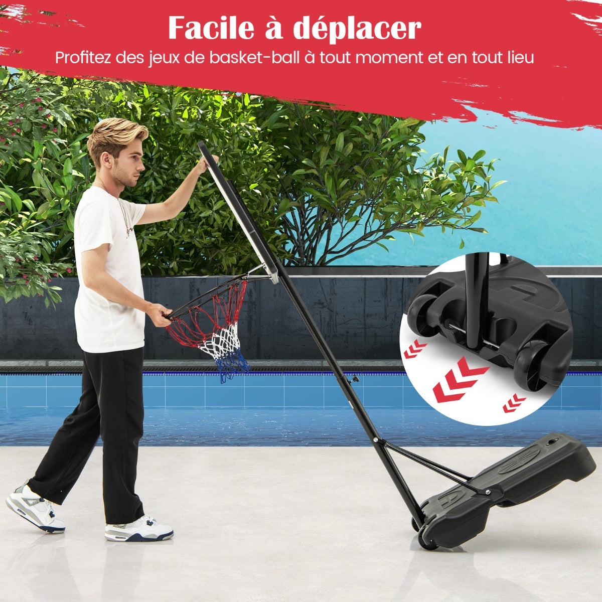 Swimming Pool Basketball Hoop Adjustable with Fillable Base and Wheels-Red