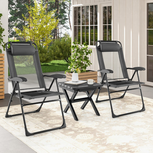 Patio Folding Chairs Set of 2 with Wide Armrests and 7-Level Backrest for Camping Backyard Garden-Grey