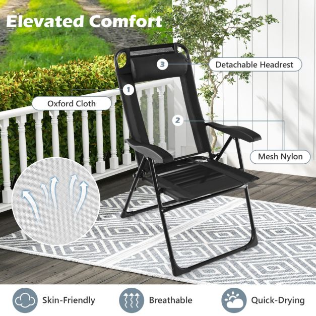 Patio Folding Chairs Set of 2 with Wide Armrests and 7-Level Backrest for Camping Backyard Garden-Black