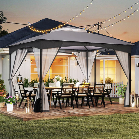 Patio Gazebo with Netting Walls Soft Top Double Roof Canopy with Sandbags-Grey
