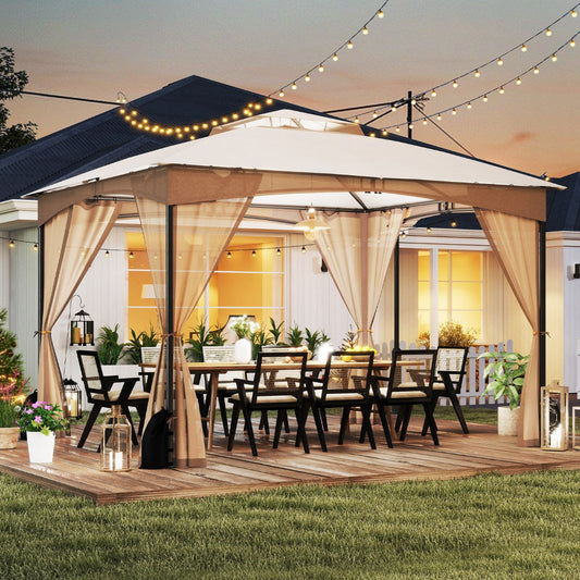 Patio Gazebo with Netting Walls Soft Top Double Roof Canopy with Sandbags-Khaki