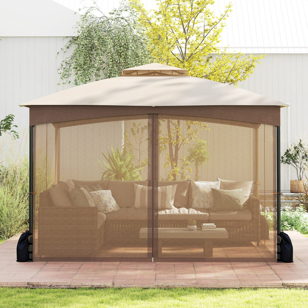 Patio Gazebo with Netting Walls Soft Top Double Roof Canopy with Sandbags-Khaki