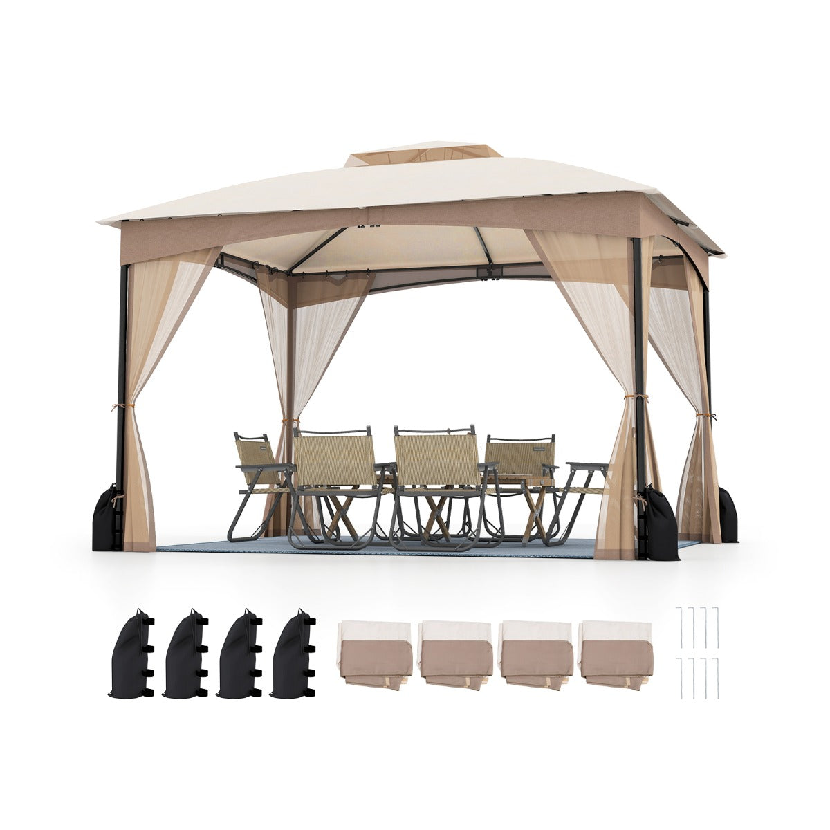Patio Gazebo with Netting Walls Soft Top Double Roof Canopy with Sandbags-Khaki