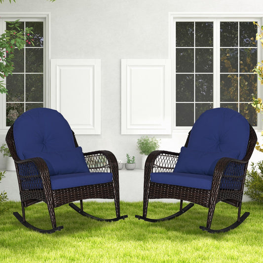 Patio Rattan Rocking Chair with Seat Back Cushions and Waist Pillow-Navy