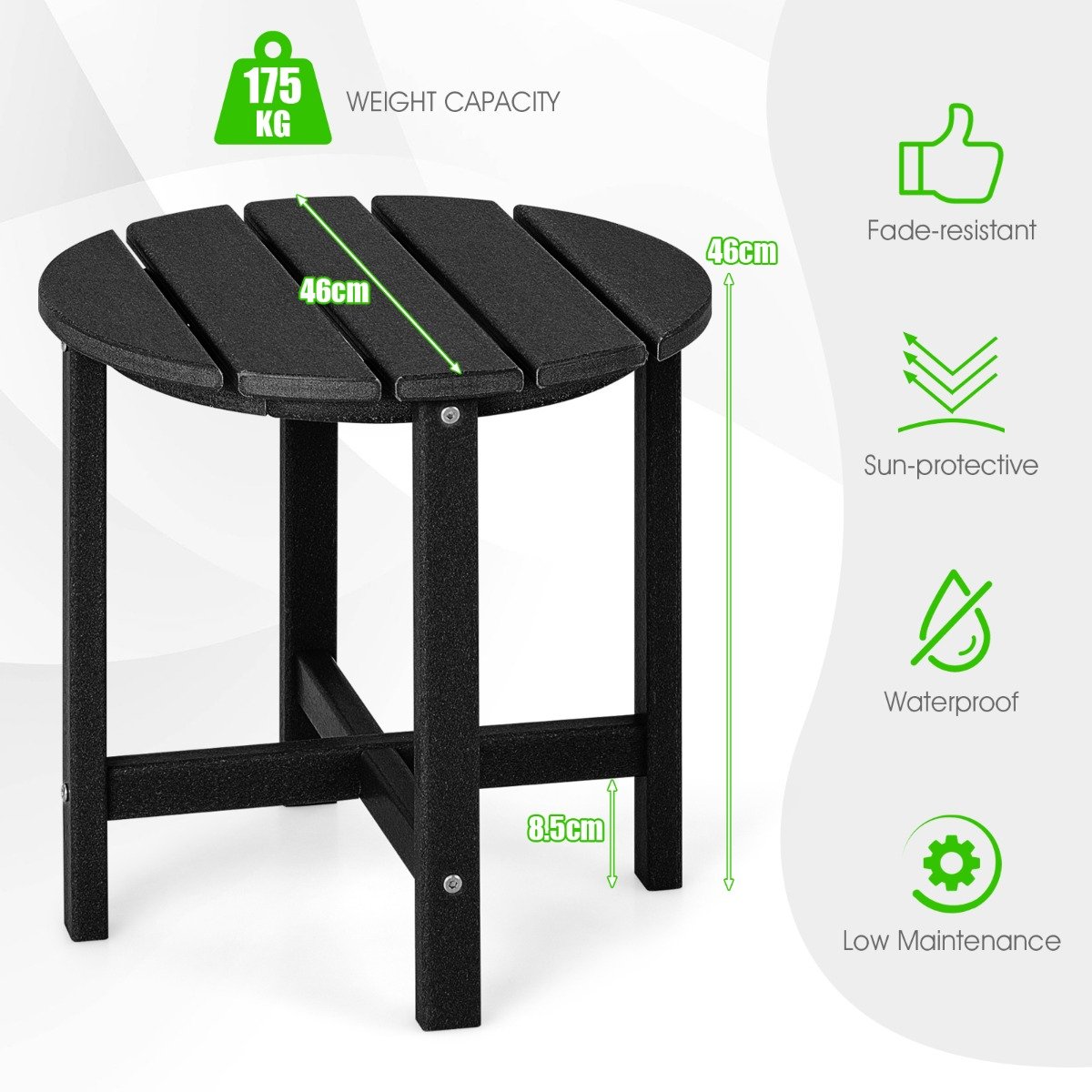 Patio Round HDPE Side Table for Yard Porch Garden-Black