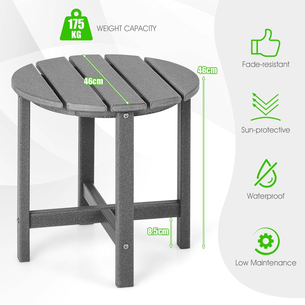 Patio Round HDPE Side Table for Yard Porch Garden-Grey