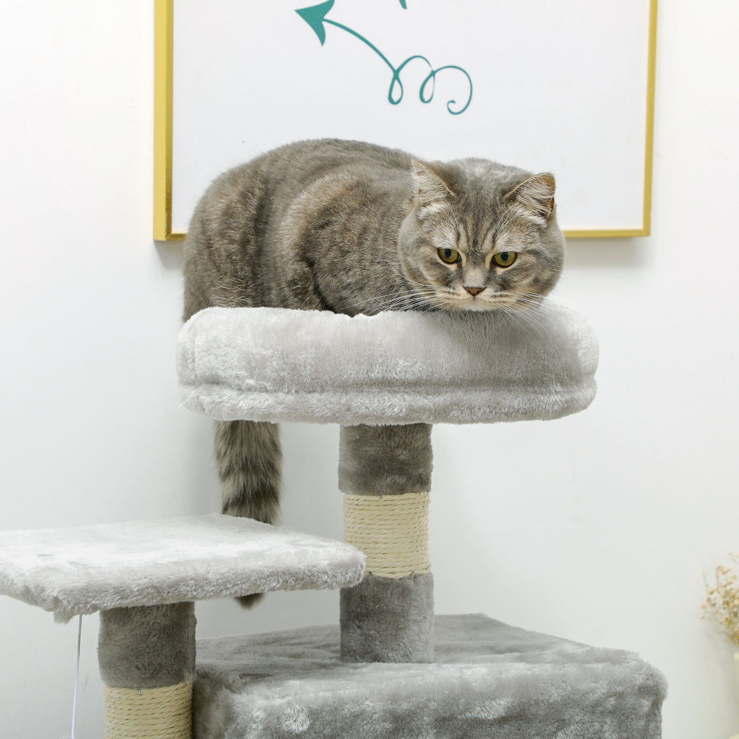 PawHut 132cm Cat Tree with Scratching Post, House, Hammock, Toy Balls - Grey