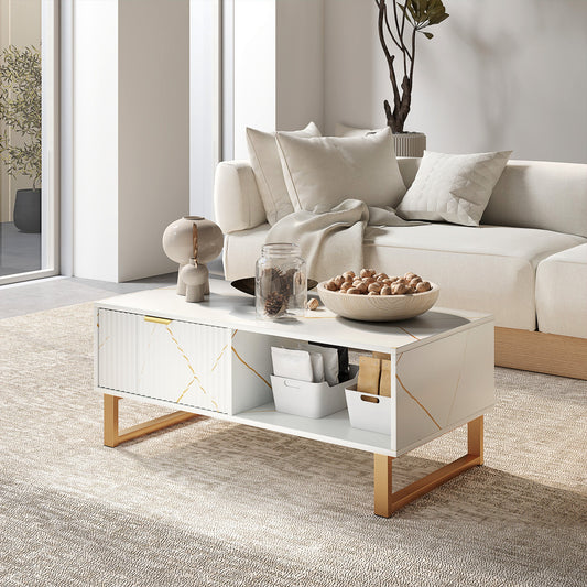 HOMCOM Elegant Marble Effect Storage Coffee Table - White