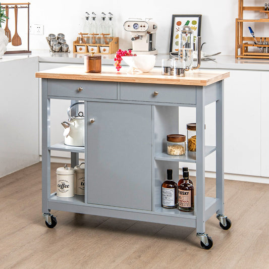 Mobile Kitchen Island Cart Rolling Kitchen Island with Rubber Wood Top-Grey