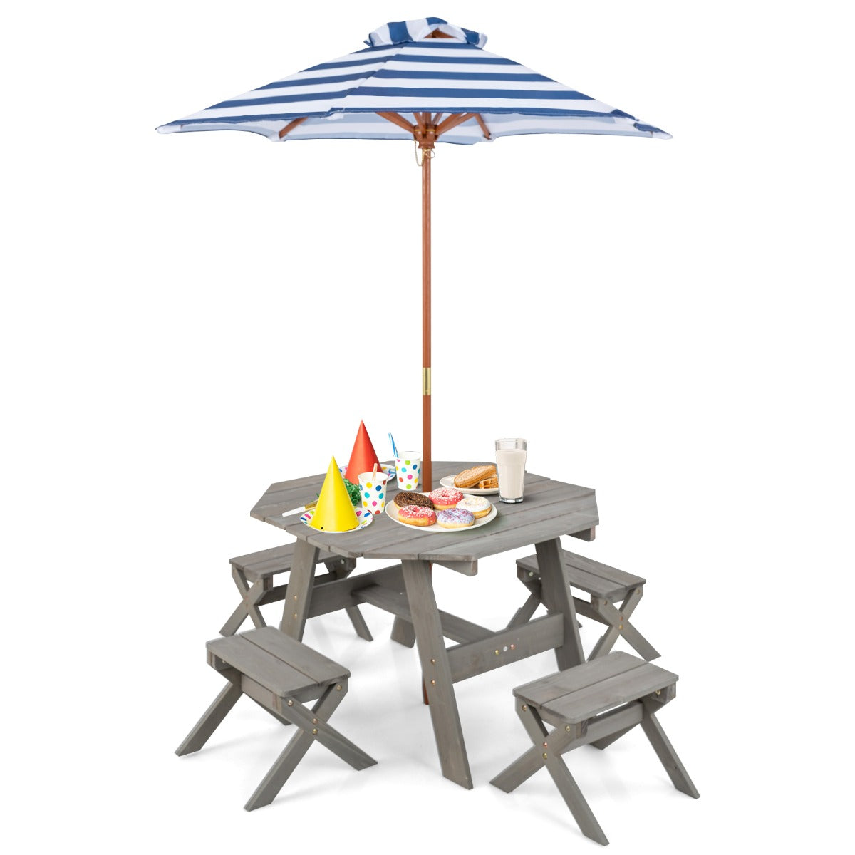 Kids Picnic Table with 4 Chairs and Adjustable Umbrella for Patio Garden Backyard-Grey