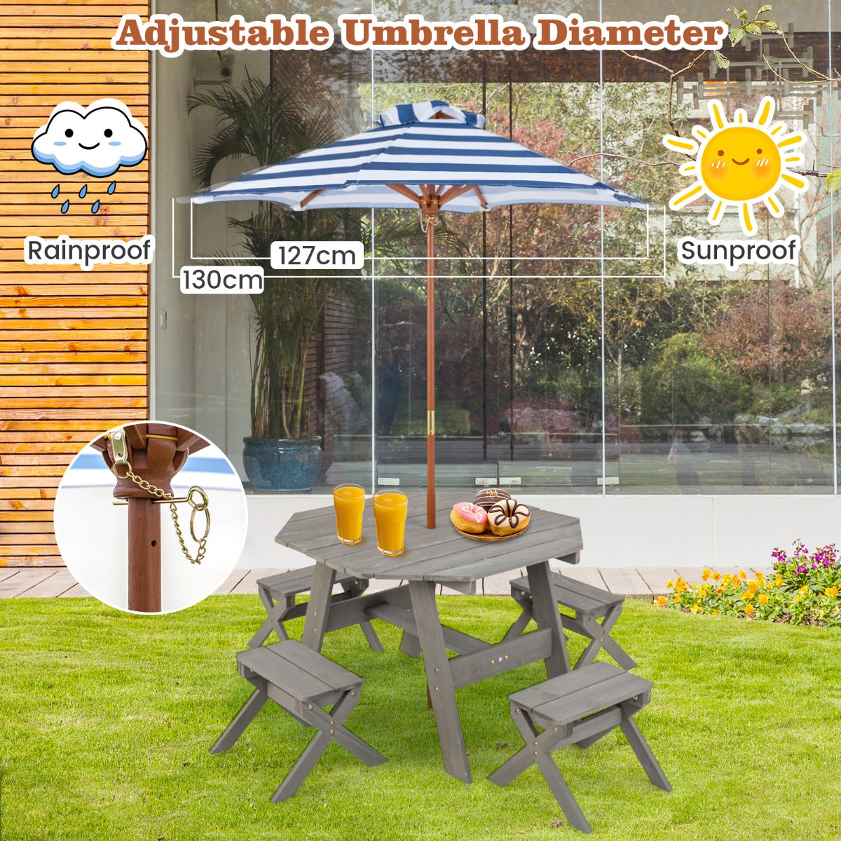 Kids Picnic Table with 4 Chairs and Adjustable Umbrella for Patio Garden Backyard-Grey