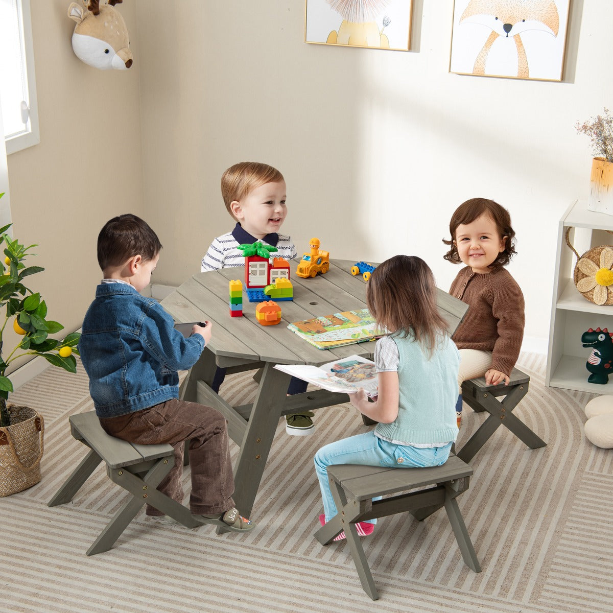 Kids Picnic Table with 4 Chairs and Adjustable Umbrella for Patio Garden Backyard-Grey