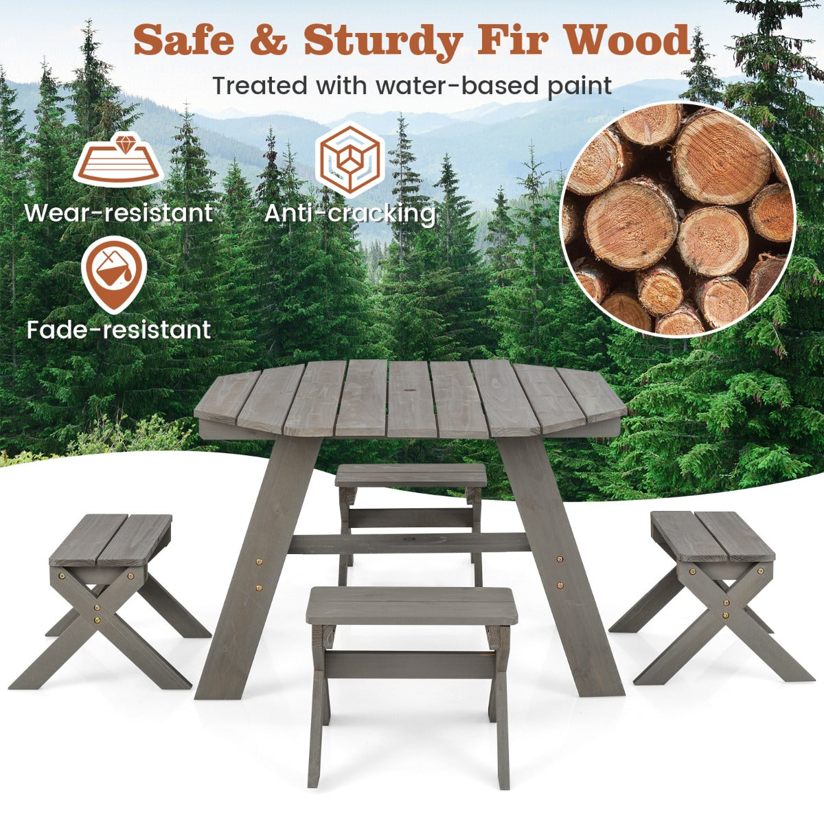 Kids Picnic Table with 4 Chairs and Adjustable Umbrella for Patio Garden Backyard-Grey