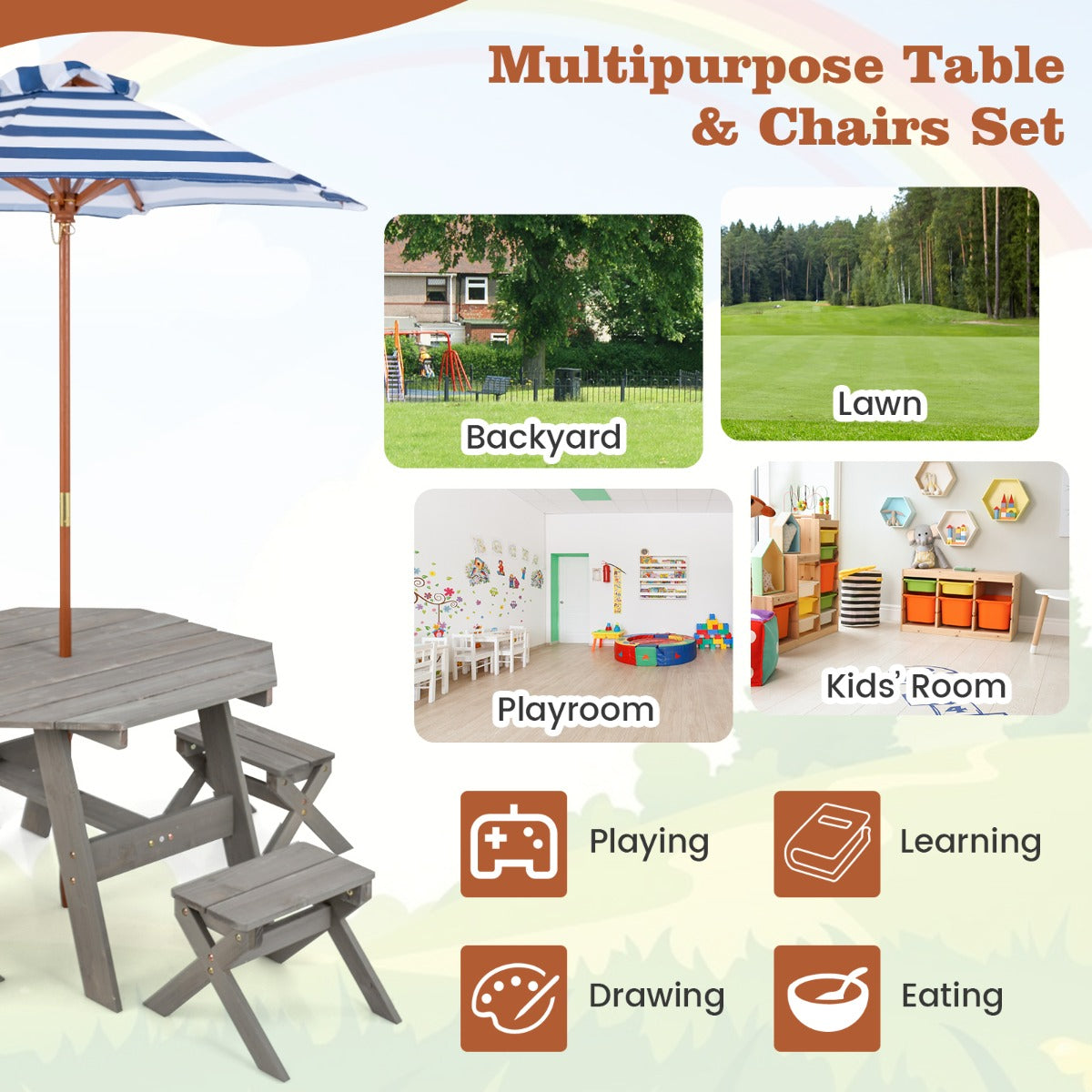 Kids Picnic Table with 4 Chairs and Adjustable Umbrella for Patio Garden Backyard-Grey