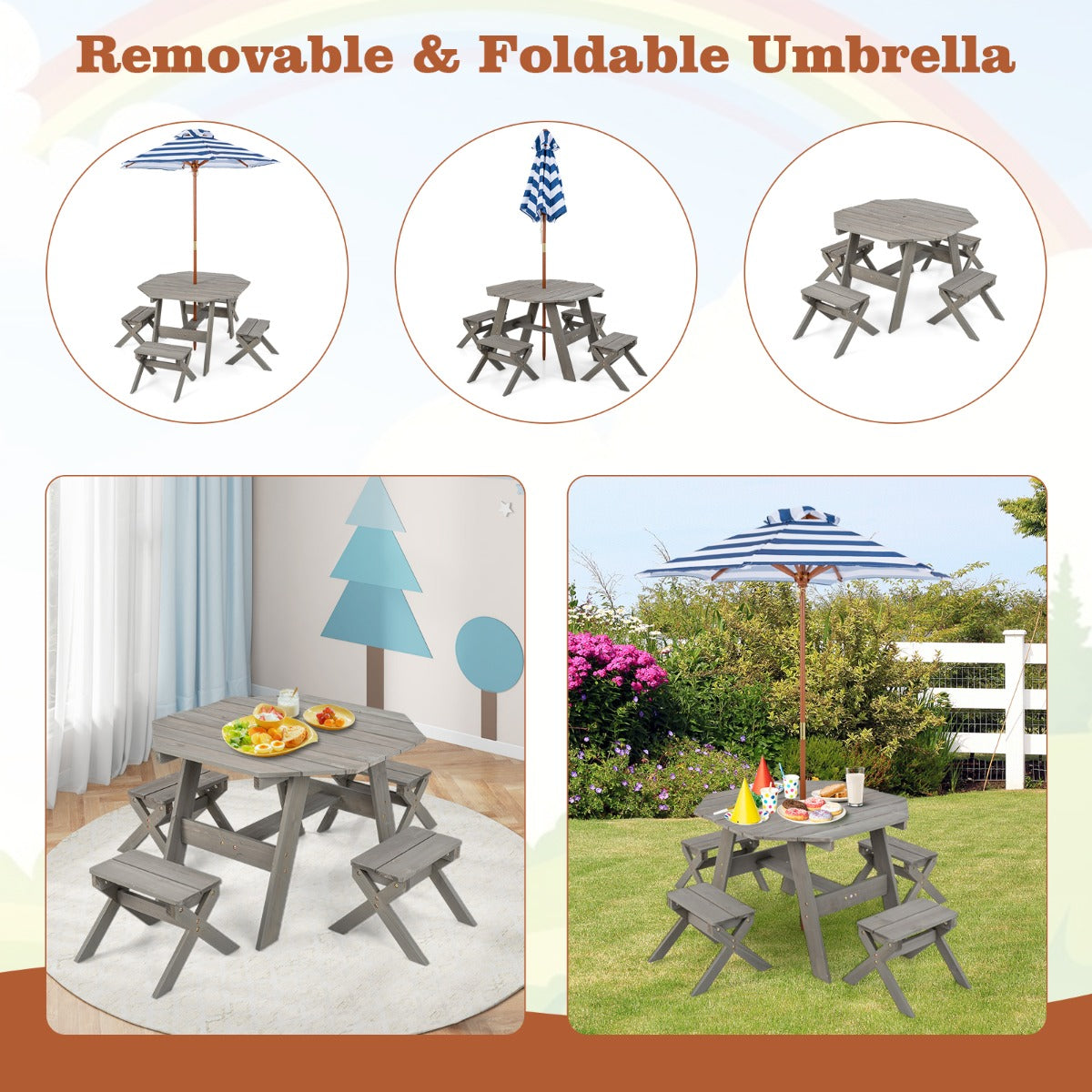 Kids Picnic Table with 4 Chairs and Adjustable Umbrella for Patio Garden Backyard-Grey