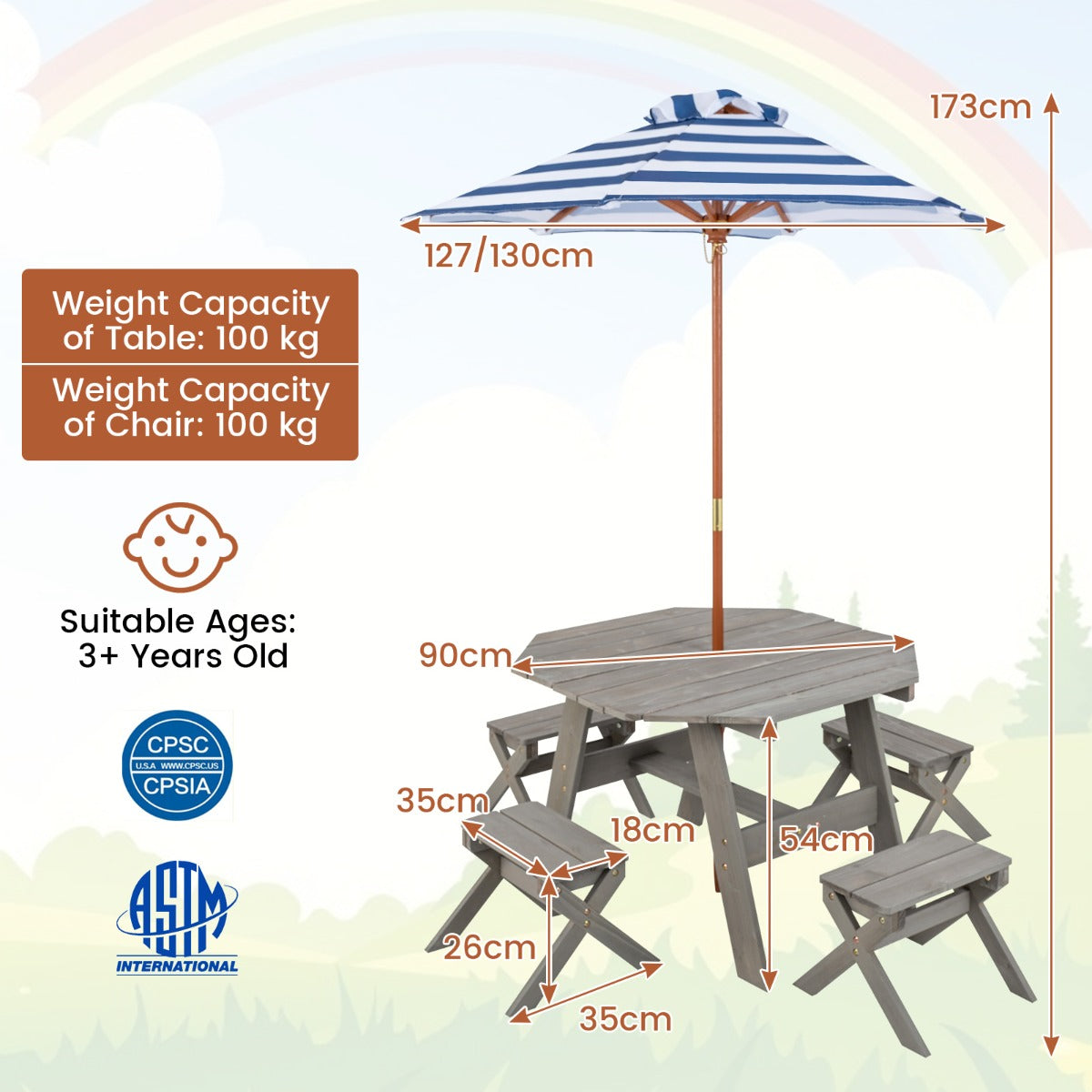 Kids Picnic Table with 4 Chairs and Adjustable Umbrella for Patio Garden Backyard-Grey