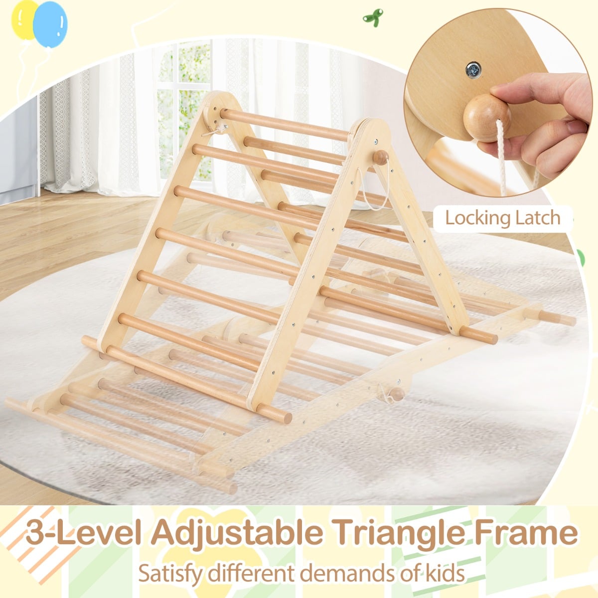 3-in-1 Pikler Triangle Climbing Set with Dual-Side Ramp and Adjustable Climbing Triangle-Natural