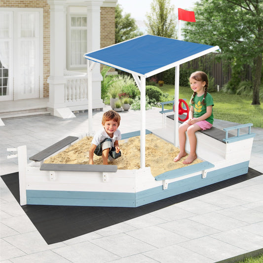 Pirate Ship Sandbox with Canopy with Flag Rudder Bench Seats-White