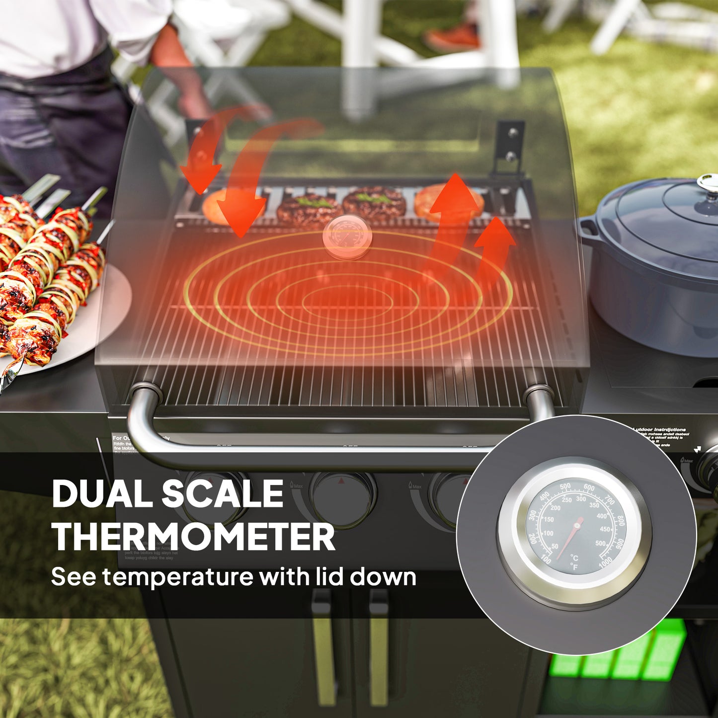 Outsunny 3+1 palnikowy grill gazowy z szafką i półkami, wózek na grilla gazowego o mocy 9,5 kW z 6 kółkami, ruszt do podgrzewania, termometr do gotowania na świeżym powietrzu, przyjęcie ogrodowe, czarny