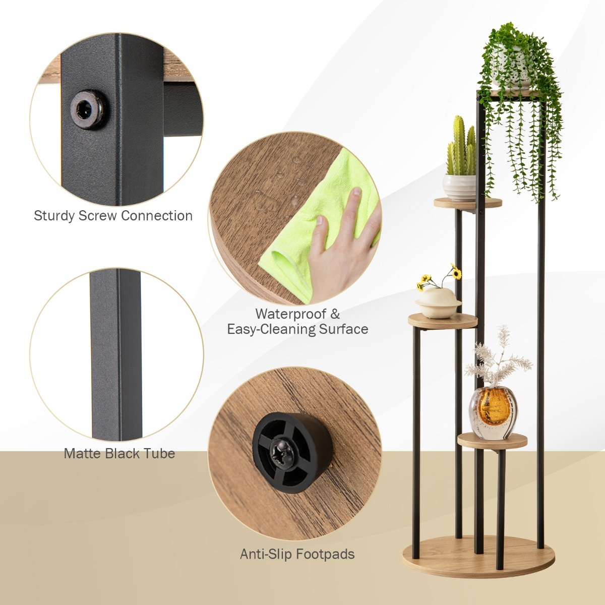 Heavy-Duty Tall Corner Indoor Metal Plant Stand for Potted Plant-Natural