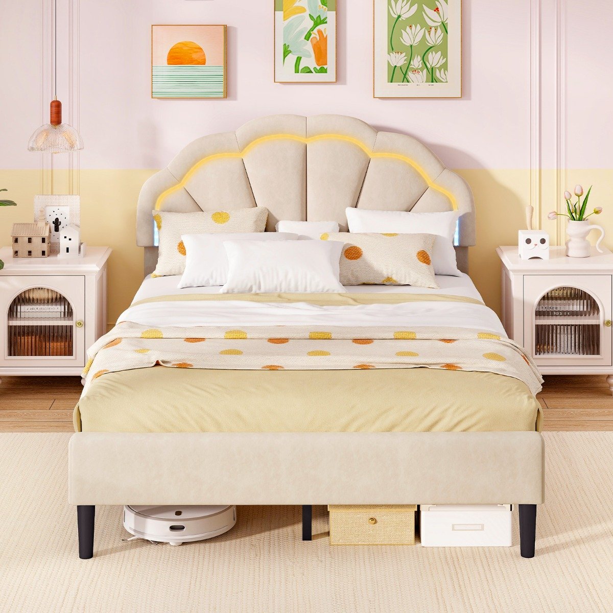 Platform Bed with Adjustable Petal Headboard and Wooden Slats Support-Double Size