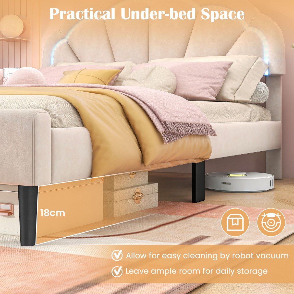 Platform Bed with Adjustable Petal Headboard and Wooden Slats Support-Double Size
