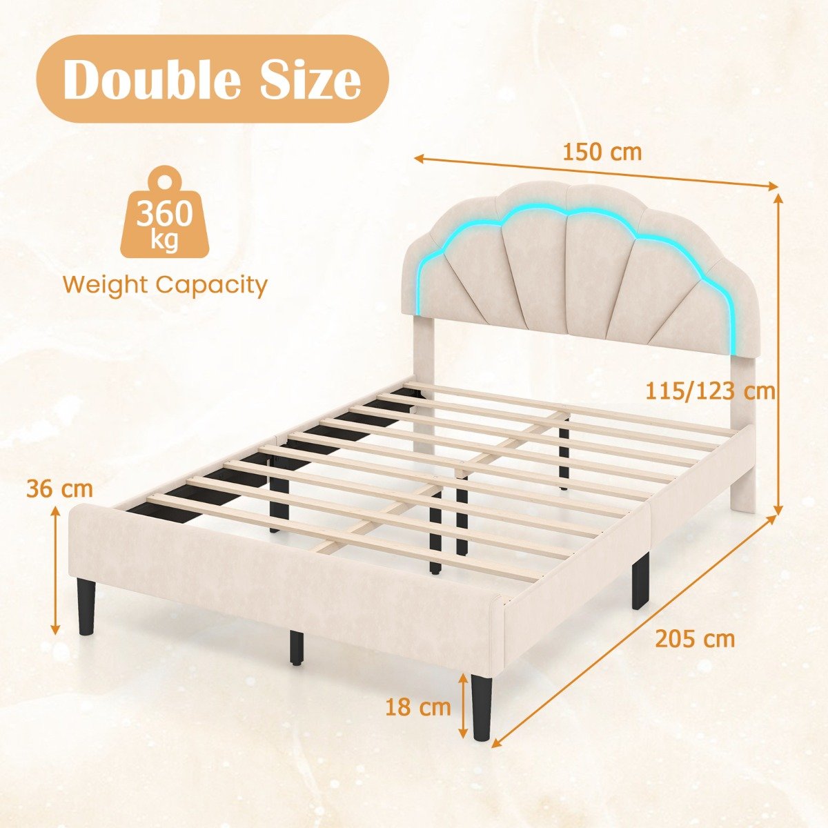 Platform Bed with Adjustable Petal Headboard and Wooden Slats Support-Double Size