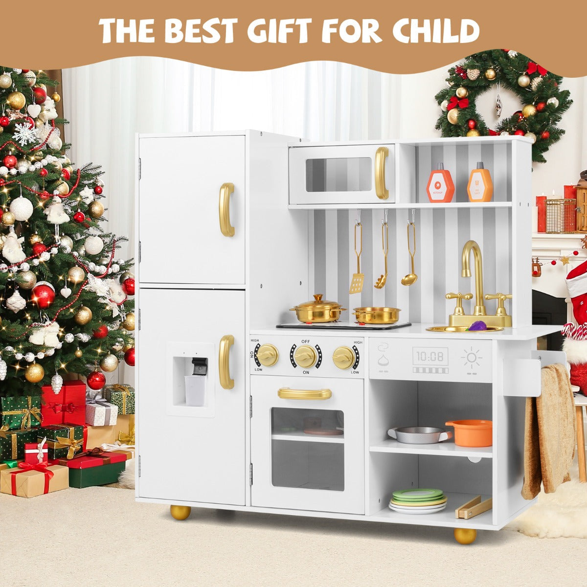 Play Kitchen Toy Set with Oven Real Sounds and Lights-Golden
