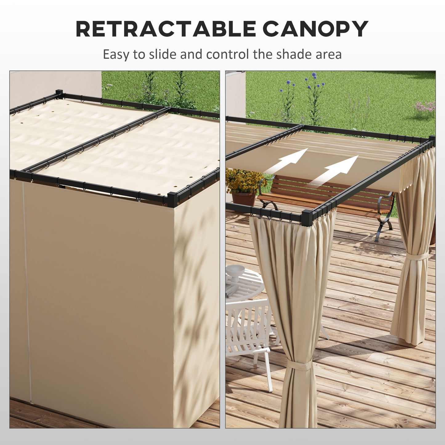 Outsunny 3 x 3(m) Rozsuwana pergola, altana ogrodowa z zasłonami, do grilla, na patio, pokład, beżowa