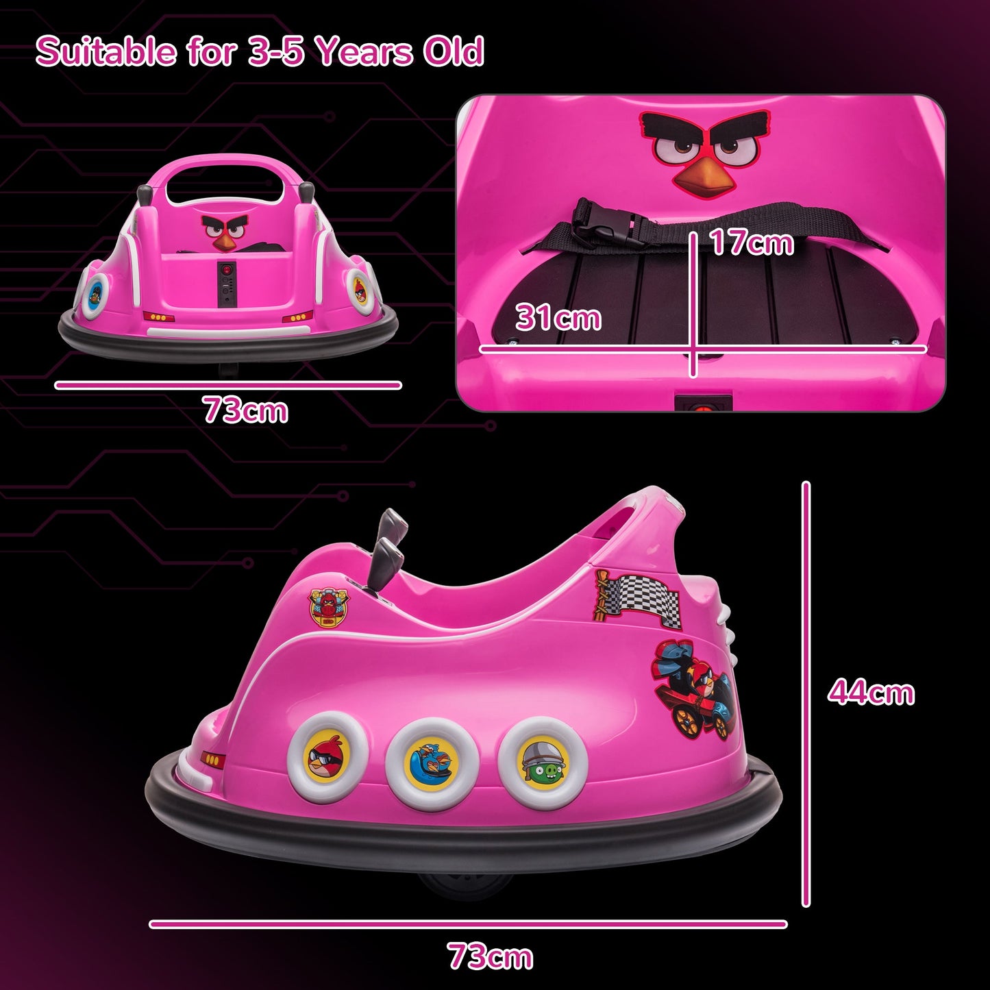 AIYAPLAY Angry Bird Licencjonowany Waltzer Car, 12 V Dziecięcy Bumper Car z Joystickami, Pilotem, Muzycznymi Światłami LED - Różowy