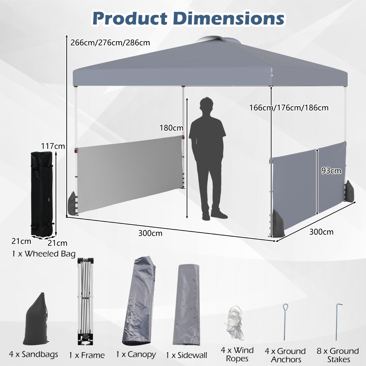 300 X 300 CM Pop up Canopy Tent with 2 Half Sidewalls-Grey