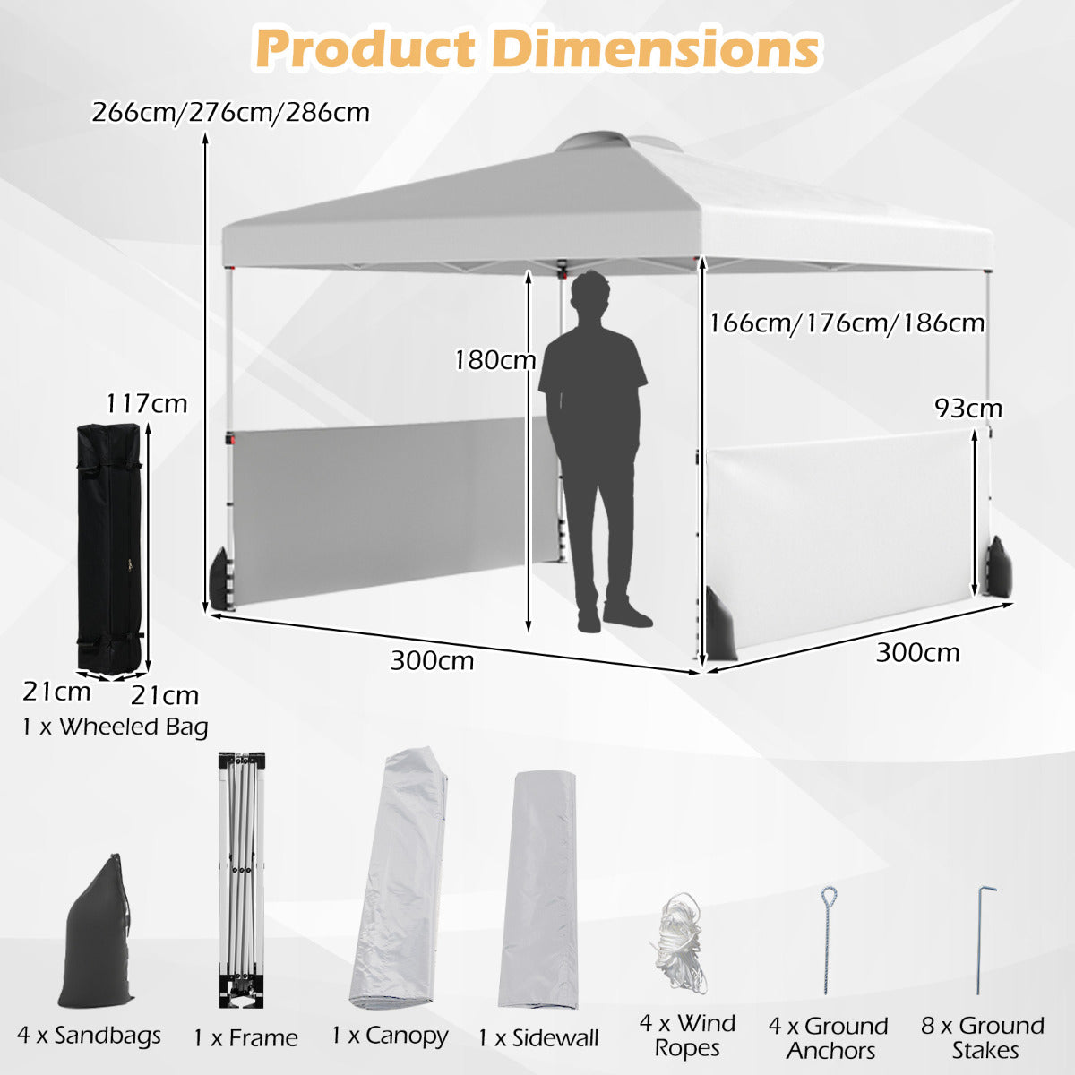 300 X 300 CM Pop up Canopy Tent with 2 Half Sidewalls-White