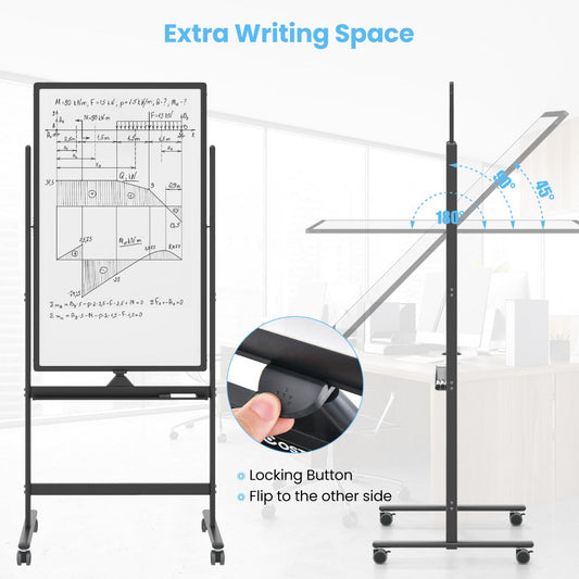 Reversible Rolling White Board with Black Markers and Board Eraser-Black-M