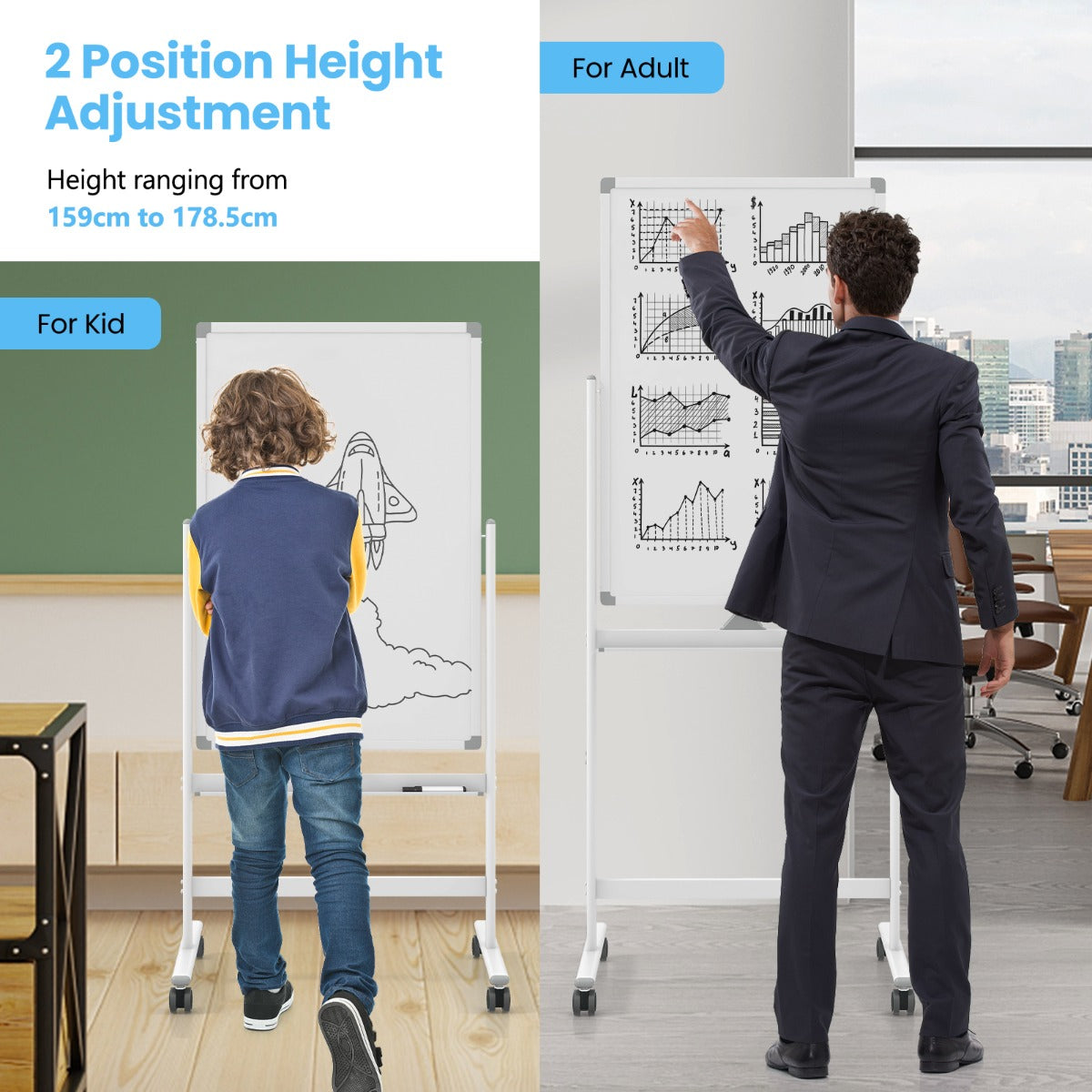 Double-sided mobile whiteboard with pen tray & accessories for school office 60 x 90 cm white
