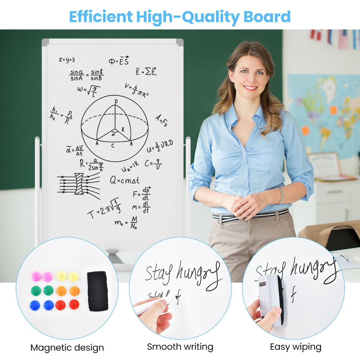 Double-sided mobile whiteboard with pen tray & accessories for school office 60 x 90 cm white