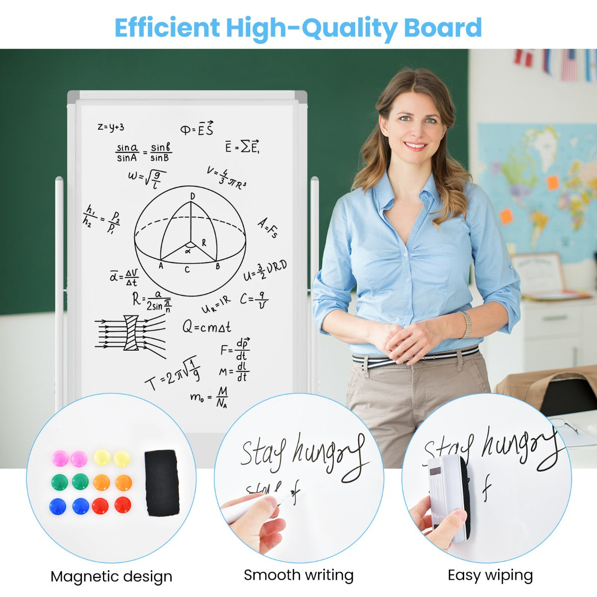 Reversible Rolling White Board with Black Markers and Board Eraser-White-M