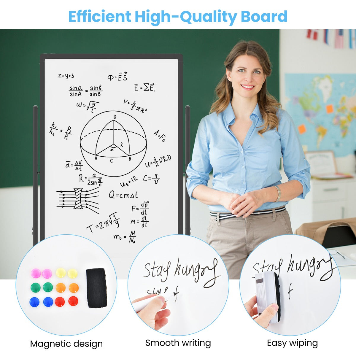 Reversible Rolling White Board with Black Markers and Board Eraser-Black-M