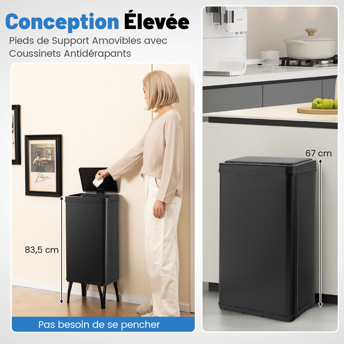 50L Stainless Steel Trash Can Automatic Motion Sensor Garbage Bin-Black