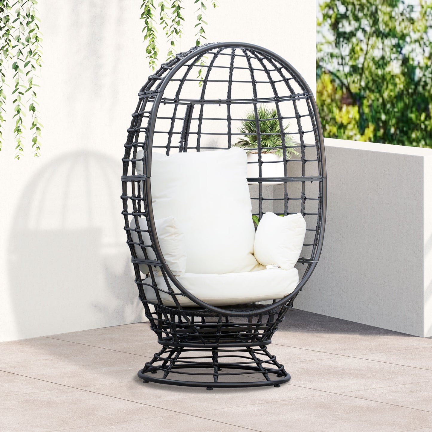 Outsunny Obrotowy fotel Egg, rattanowy fotel ogrodowy z poduszką i poduszką na balkon, do ogrodu, na patio, czarny