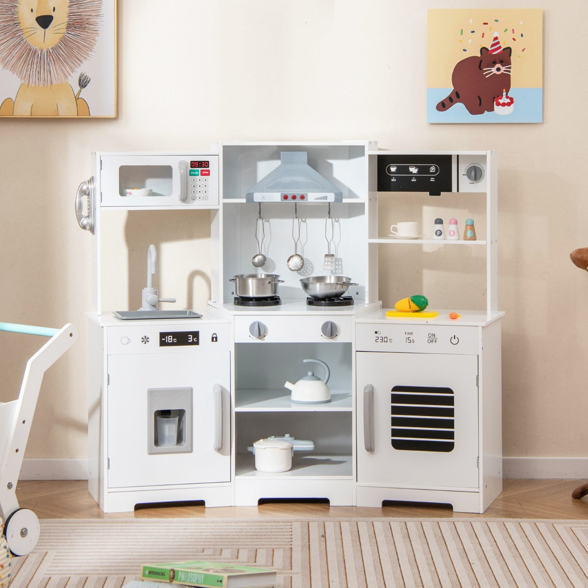 Wooden Pretend Play Kitchen with Real Sounds and Lights-White