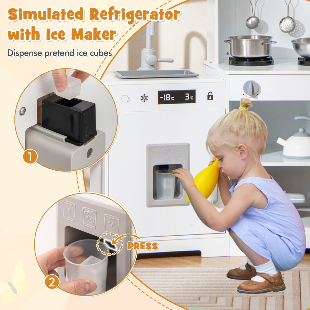 Wooden Pretend Play Kitchen with Real Sounds and Lights-White