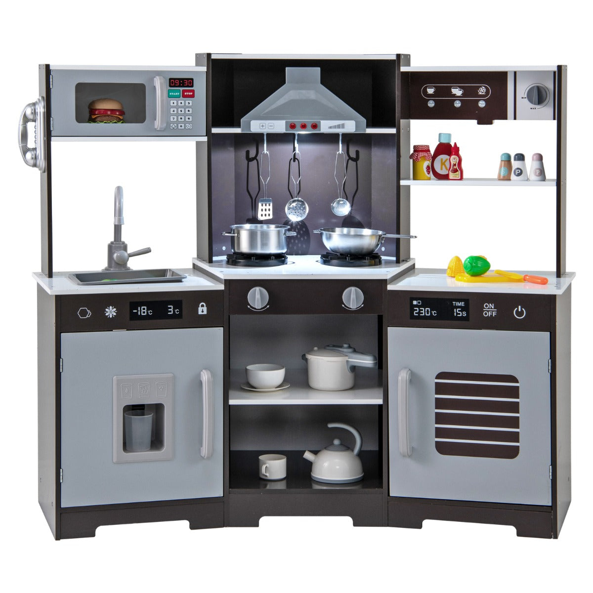 Wooden Pretend Play Kitchen with Real Sounds and Lights-Brown